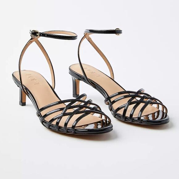 LOFT Ankle Strap Cage Sandals Black Patent Kitten Heel Women’s Size 7.5 - Picture 1 of 6